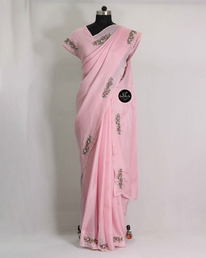 Light Pink Crispy Georgette Saree with Floral Hand Embroidery &amp; Bead Work