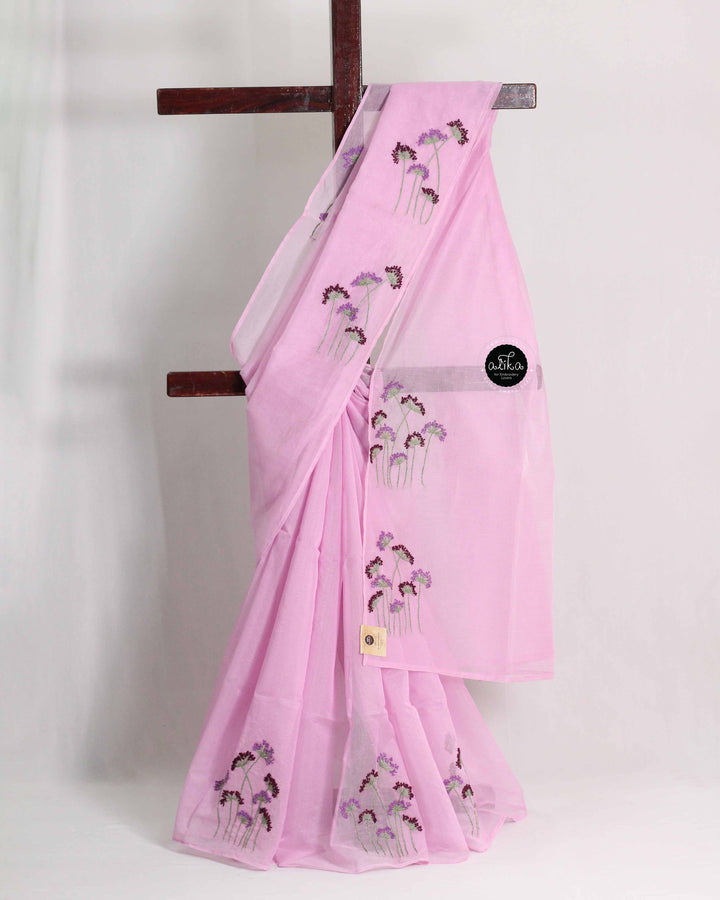 Light Pink Kota Saree with Floral Hand Embroidery