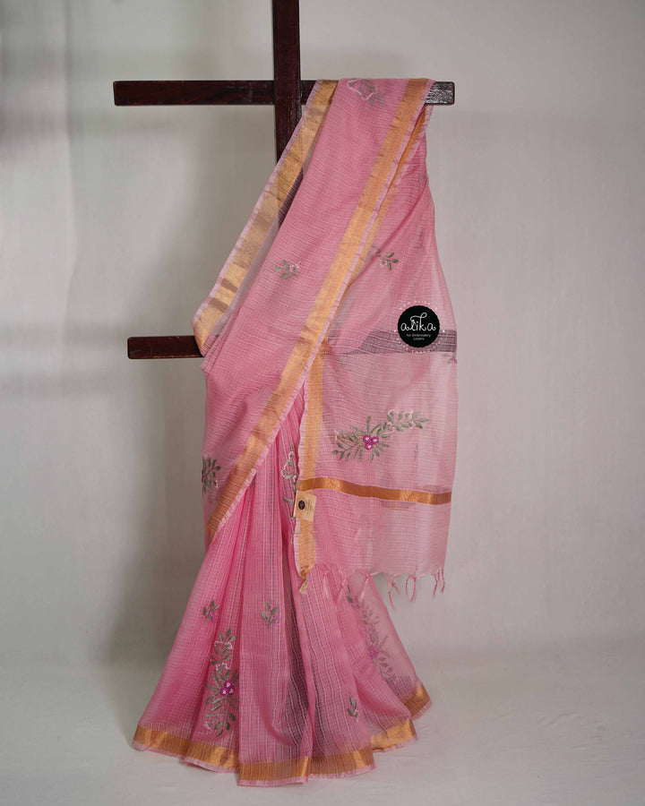 Light Pink Silky Kota Saree with Floral Hand Embroidery