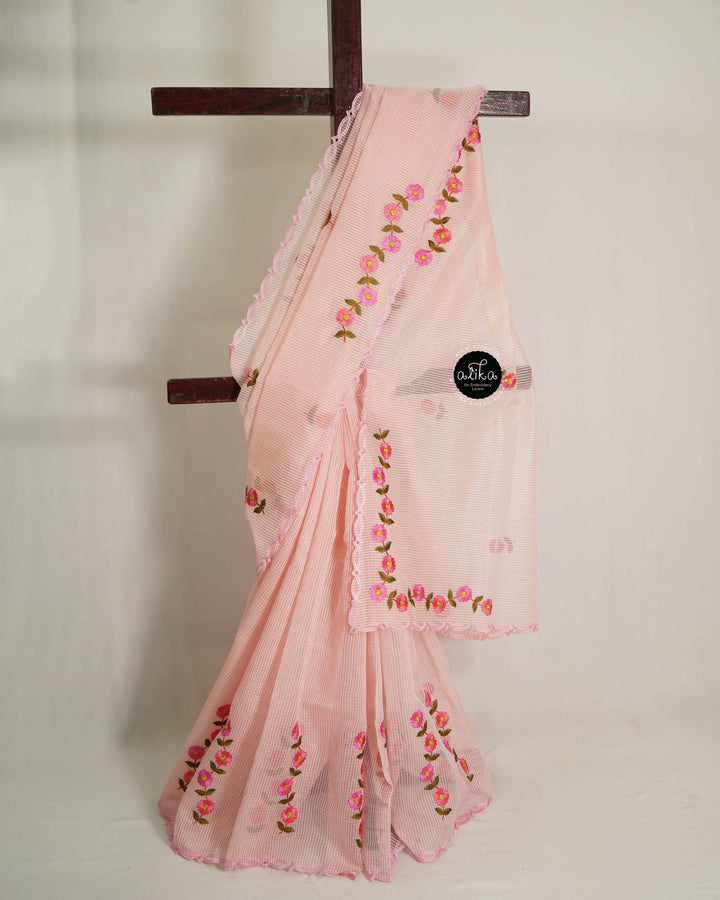 Blush Pink Kota Saree with Floral Machine Embroidery