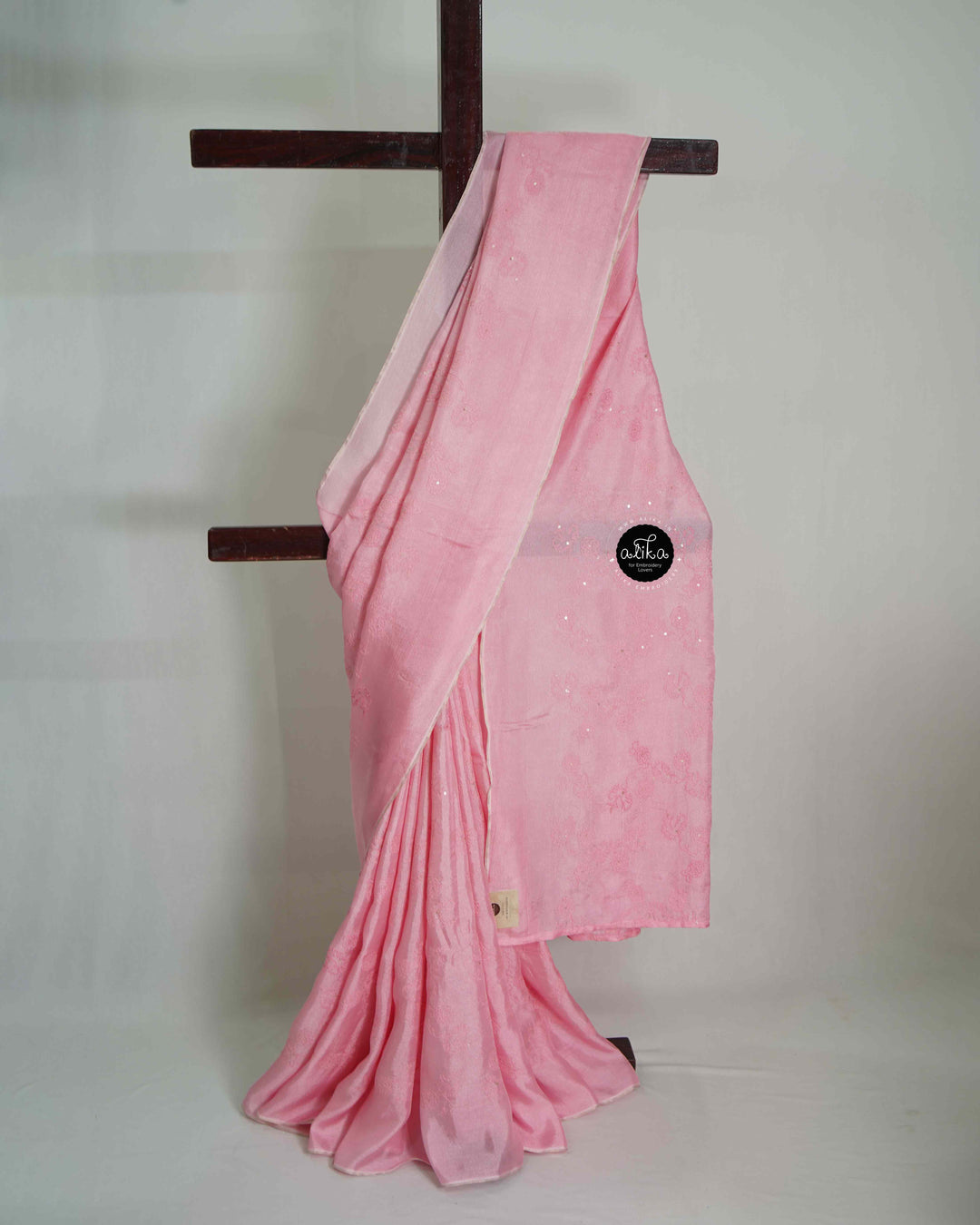 Soft Pink Crispy Georgette Saree with Floral Machine Embroidery &amp; Sequin Work