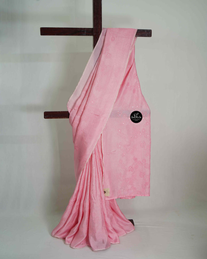 Soft Pink Crispy Georgette Saree with Floral Machine Embroidery &amp; Sequin Work