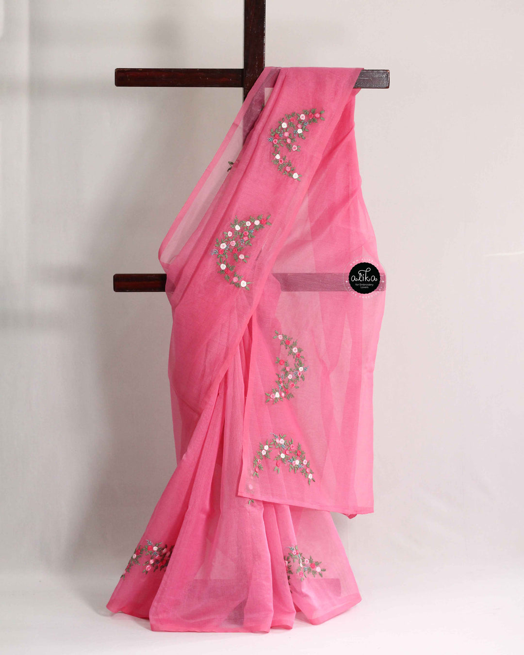 Pink Kota Saree with Floral Hand Embroidery