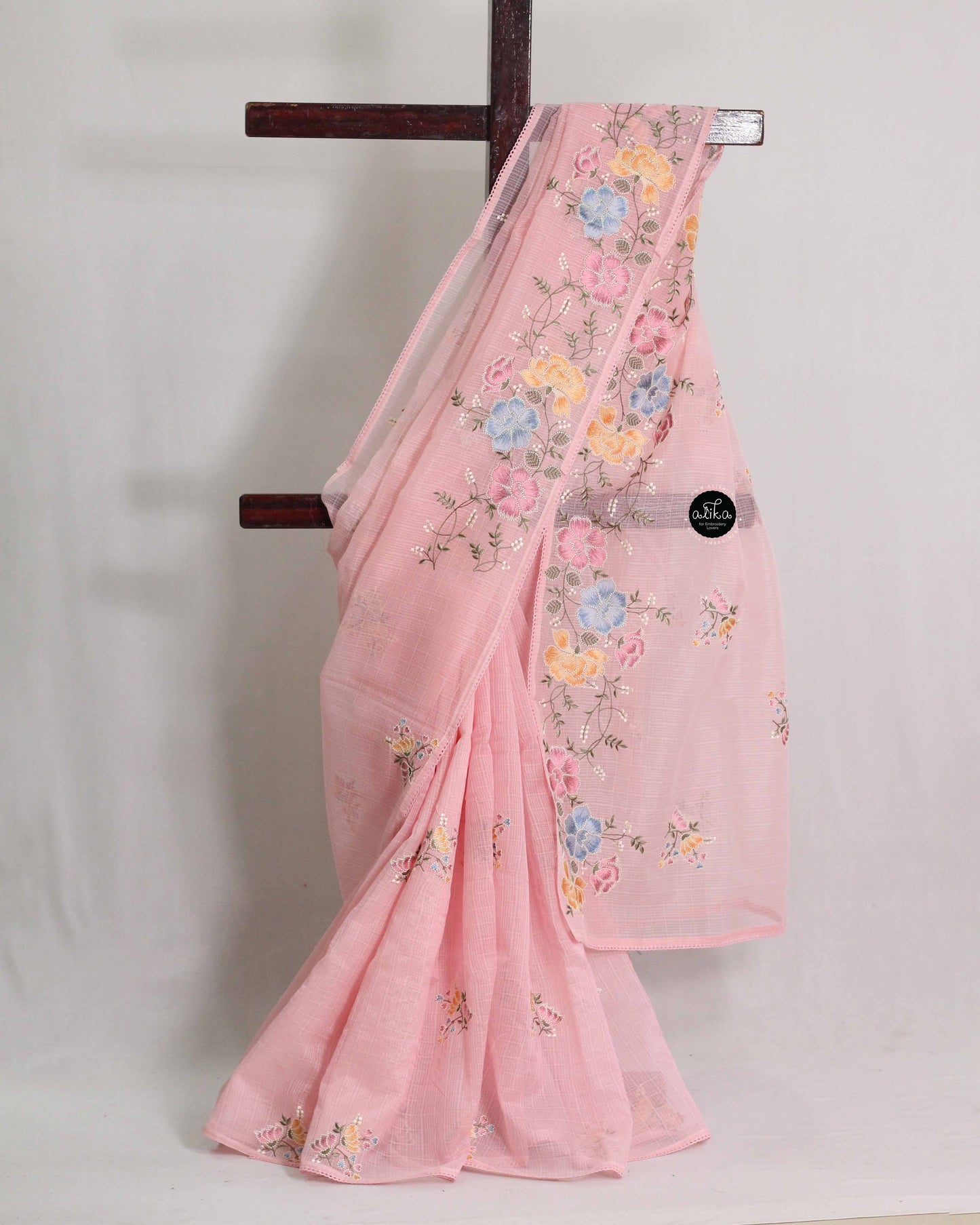 Light Pink Kota Saree with Floral Machine Embroidery and Plain blouse Material