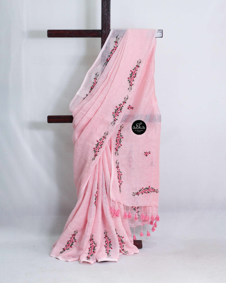 Pinkish Peach Pure Linen Saree with Bullion Hand Embroidery