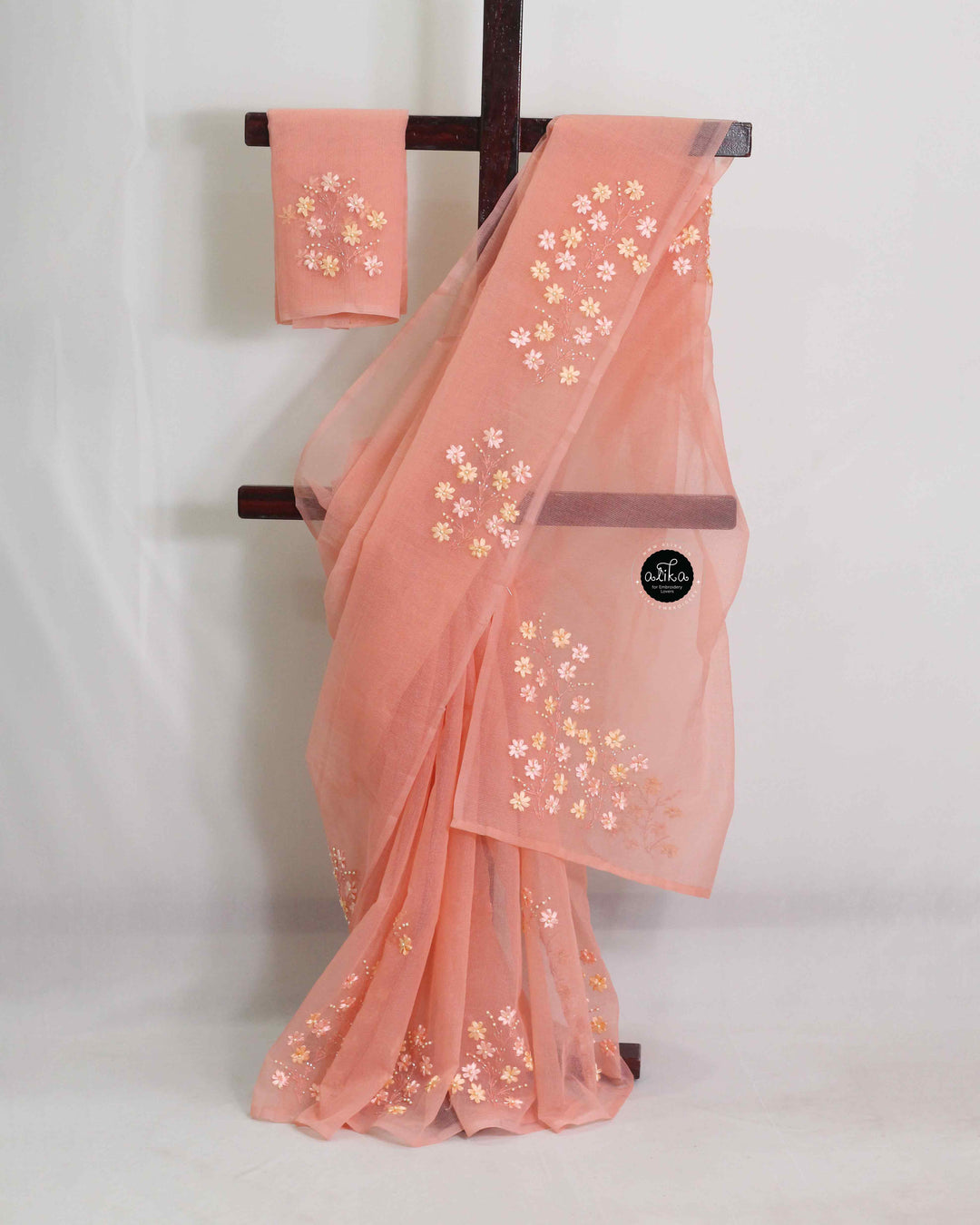 Candle Light Peach Kota Saree with Delicate Ribbon Work