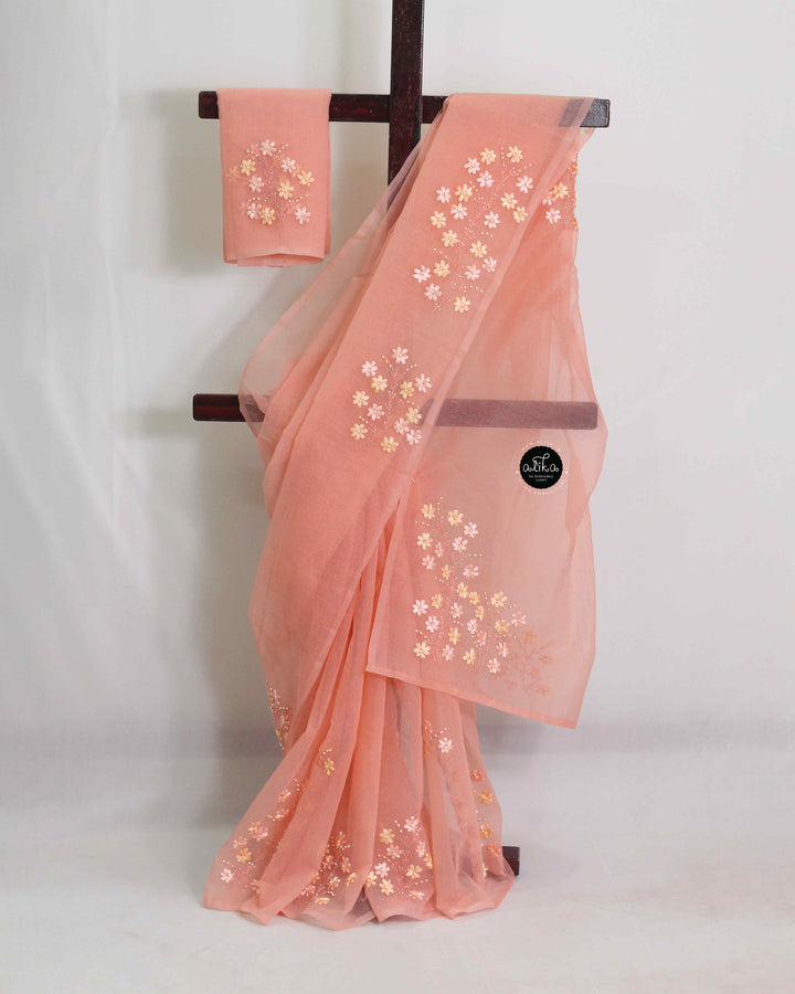 Candle Light Peach Kota Saree with Delicate Ribbon Work