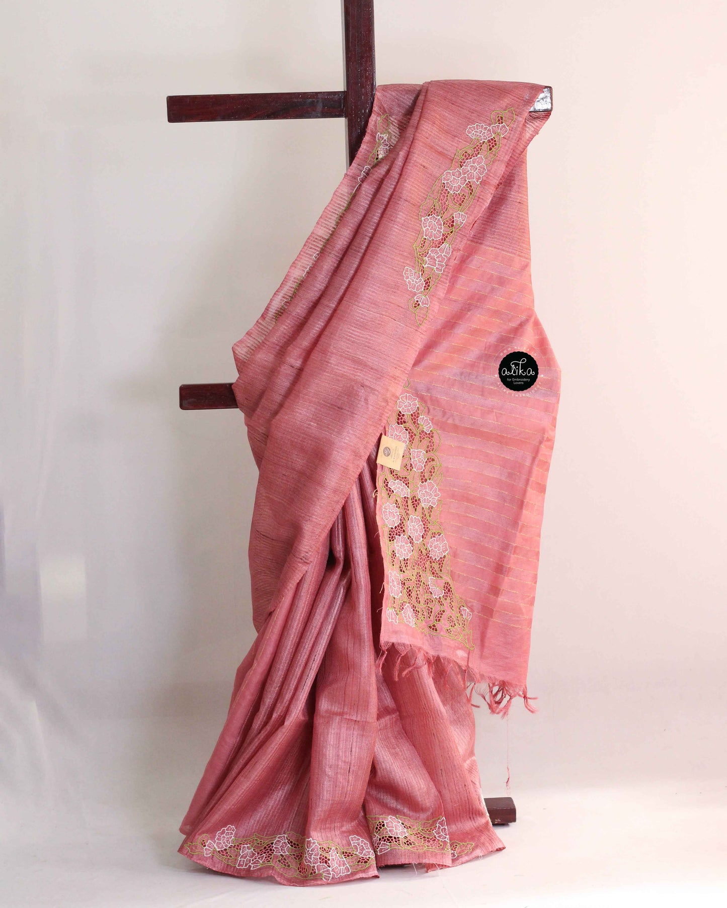 Peach Tussar Silk Saree with Twine Cutwork
