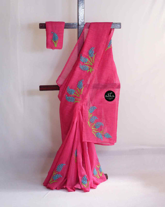 Dark Pink Striped Kota Saree with White Lazy Daisy Floral Embroidery – Lightweight Summer Saree by Alika Fashion Store