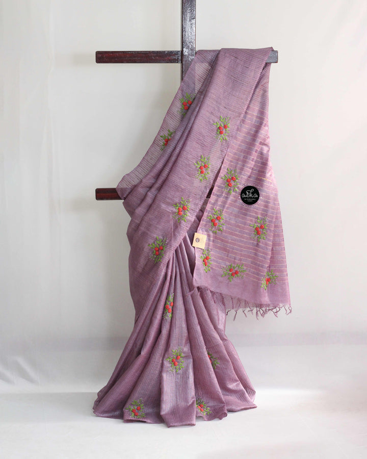 Affair Purple Pure Tussar Saree with Hand Floral Embroidery