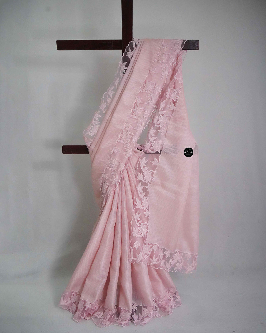 Baby Pink Silky Kota Saree with Floral Net Appliqué Work