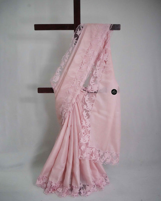 Baby Pink Silky Kota Saree with Floral Net Appliqué Work