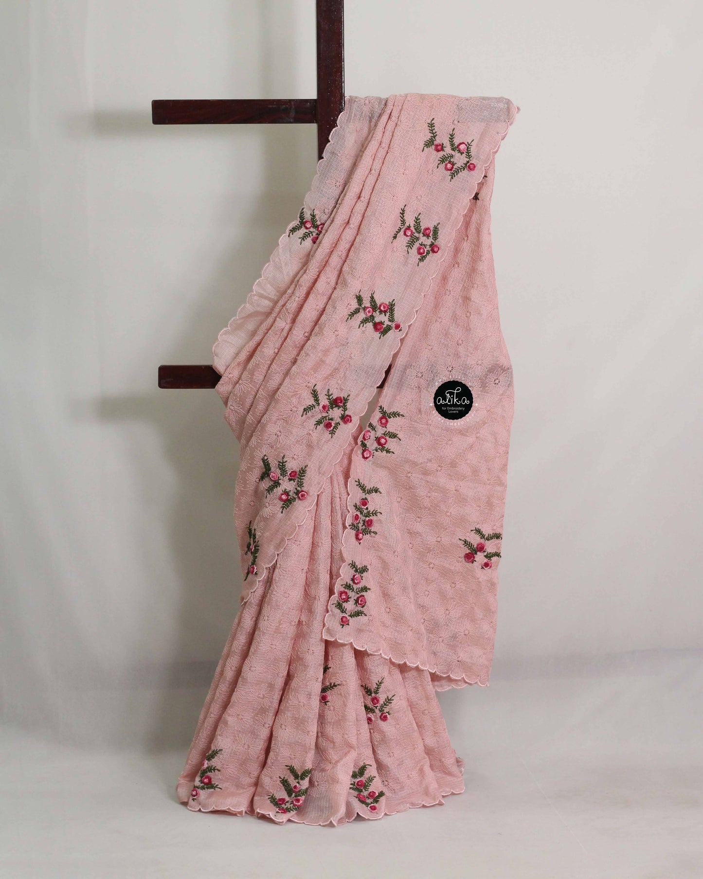 Graceful Pale Rose Phulkari Saree with Floral Hand Embroidery | Alika Fashion Store