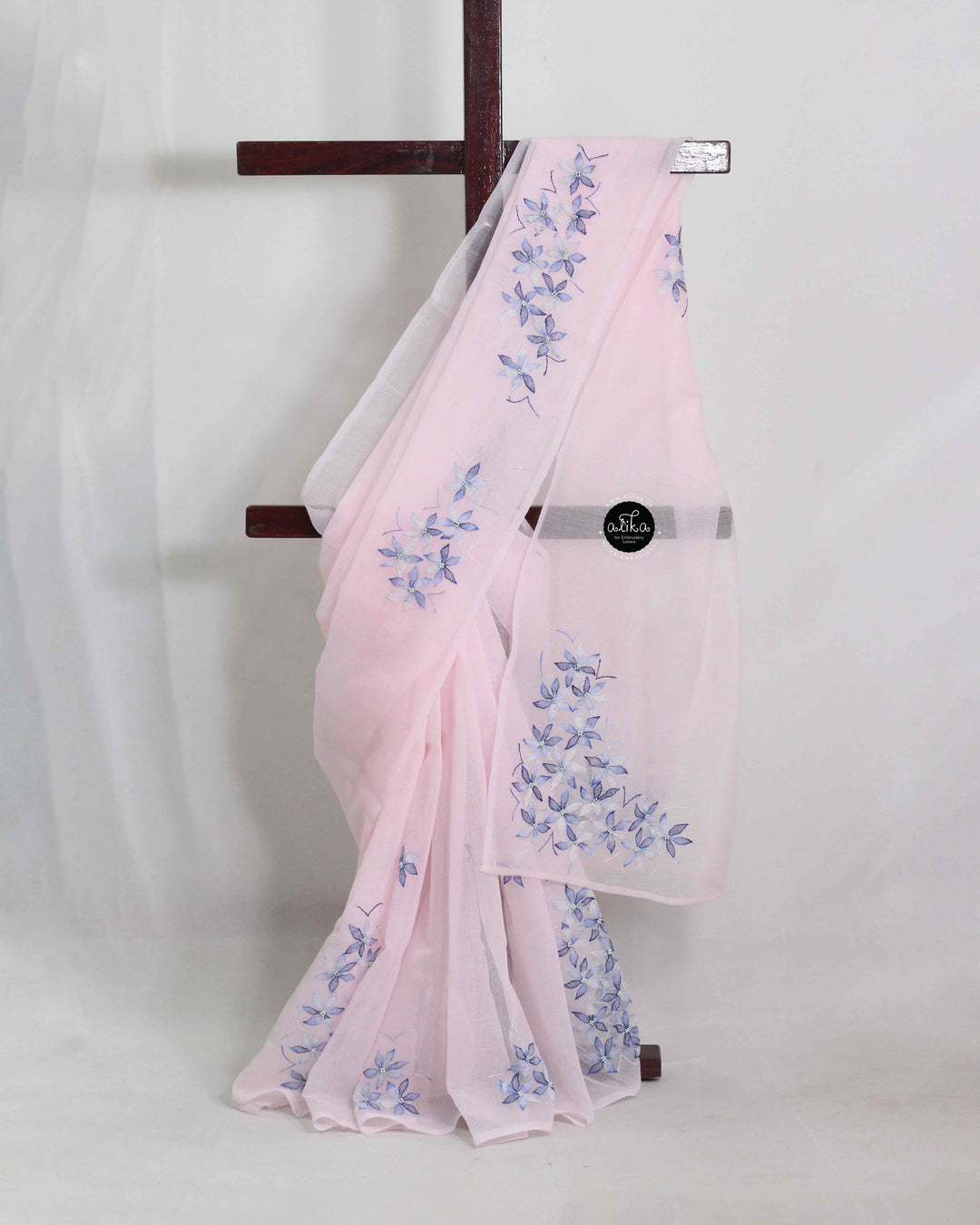 Light Pink Kota Saree with Floral Shadow Embroidery