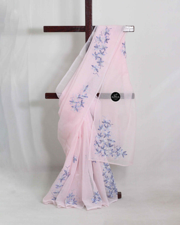 Light Pink Kota Saree with Floral Shadow Embroidery