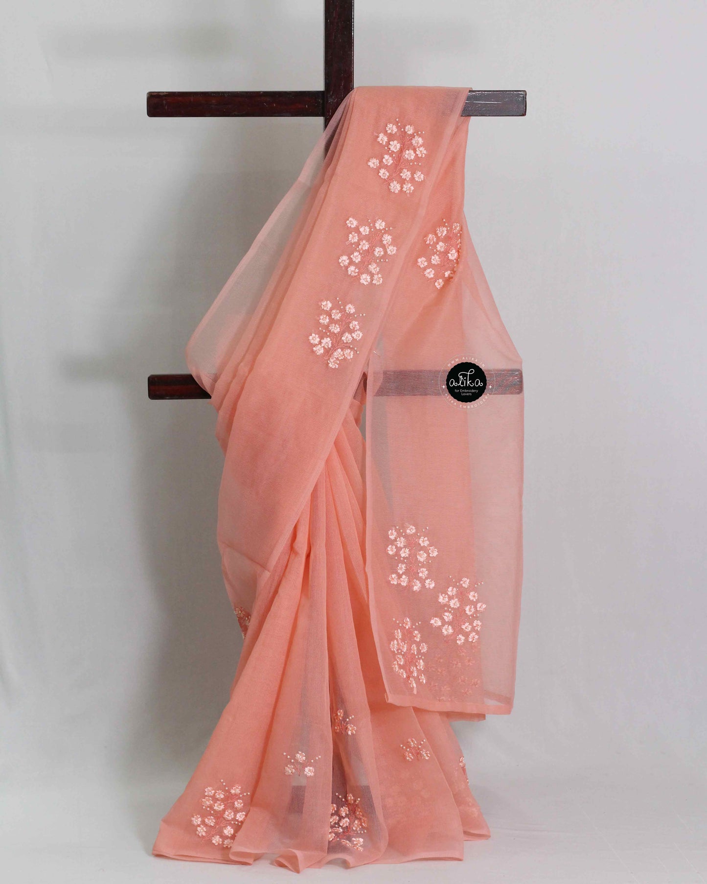 Sugar Peach Kota Saree with Floral Ribbon and Bead Work