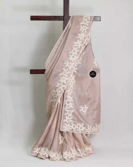 Onion Pink Chanderi Saree with Floral Full Border Embroidery