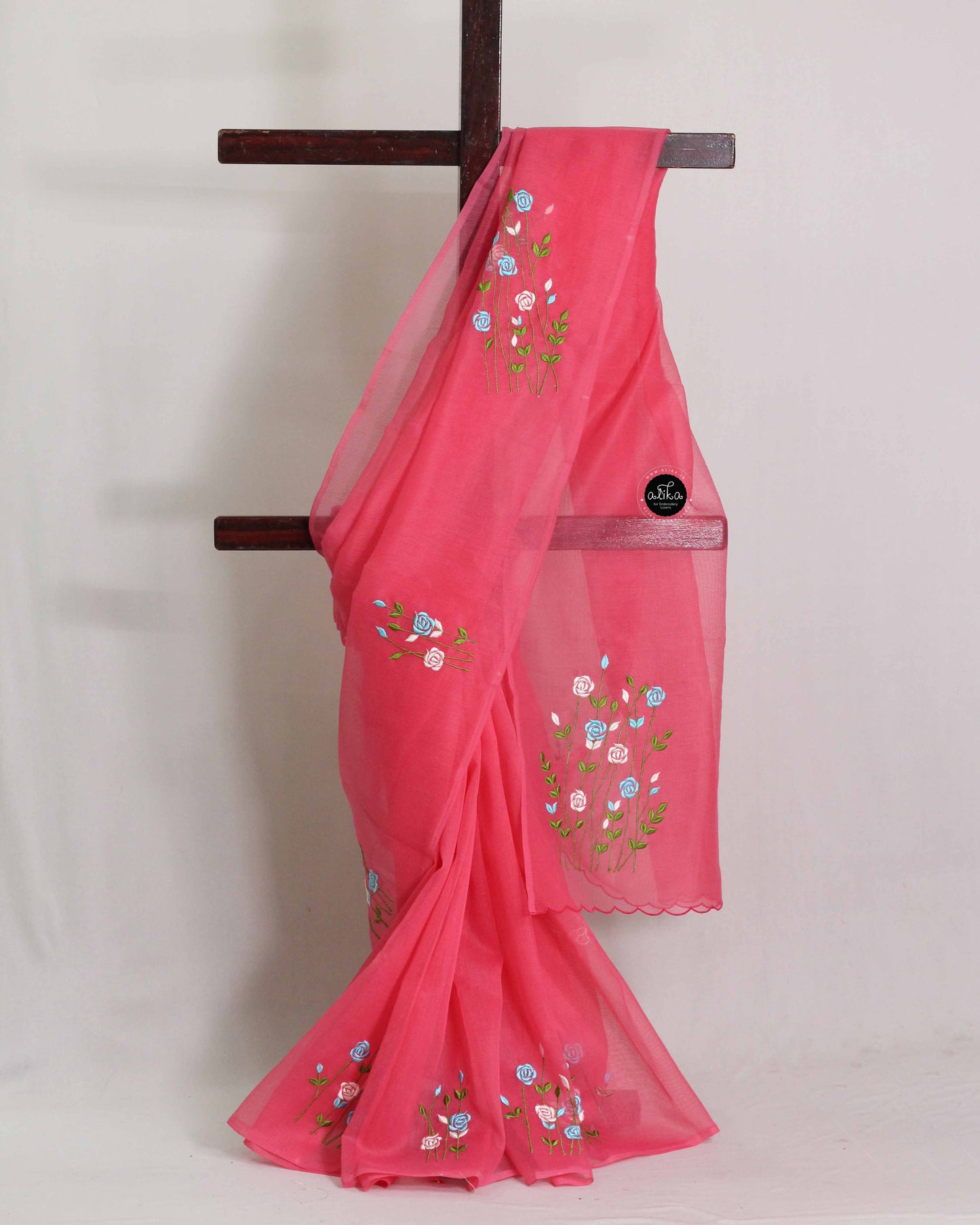 Warm Pink Kota Saree with Floral Machine Embroidery