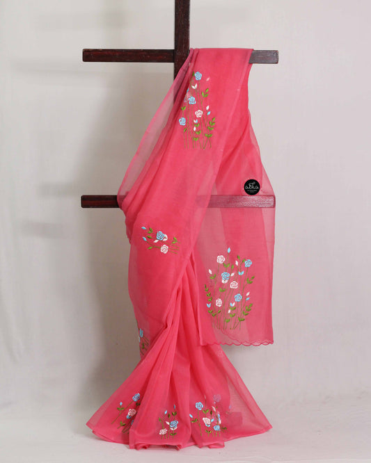 Warm Pink Kota Saree with Floral Machine Embroidery