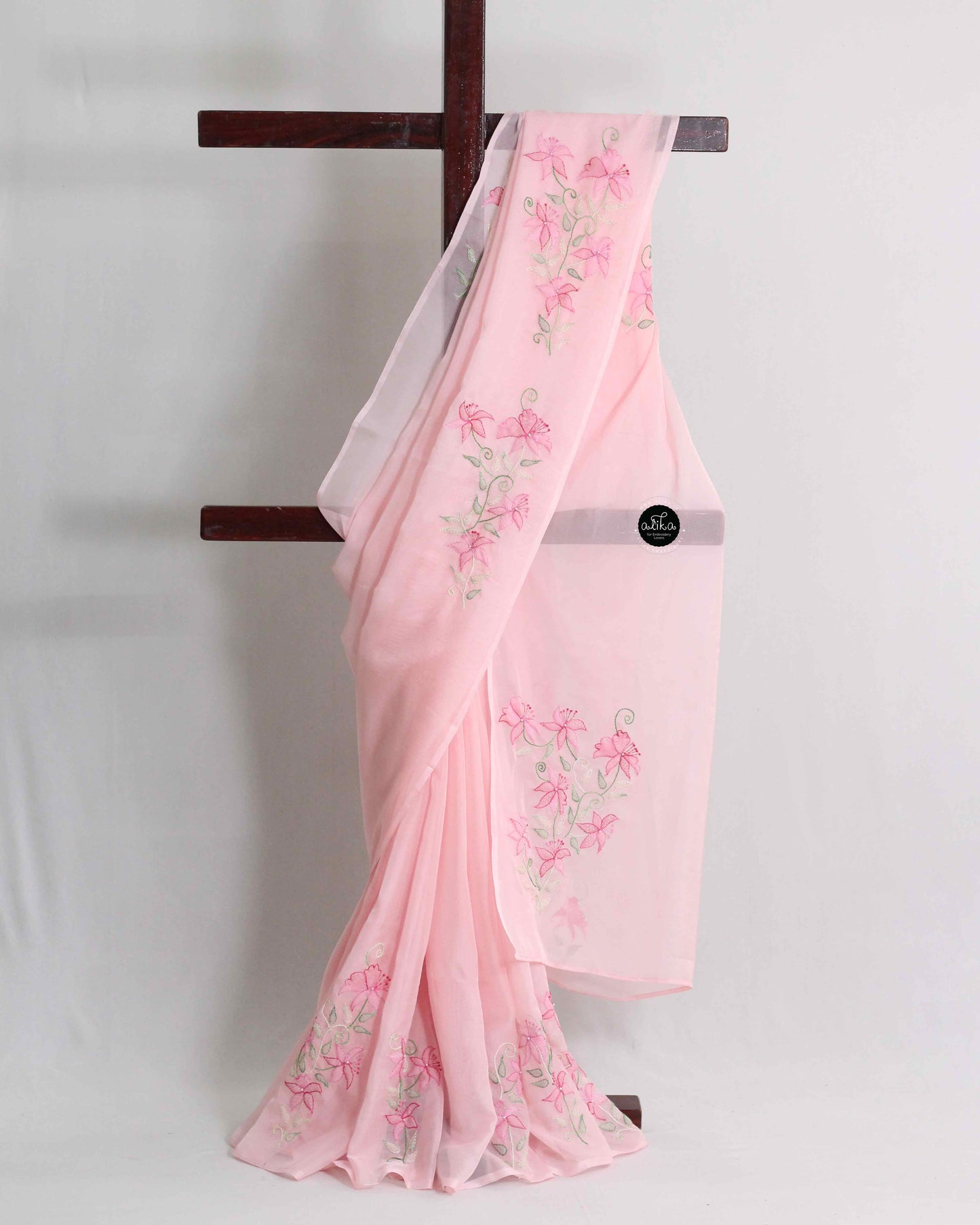 Light Pink Organza Saree with Floral Shadow Embroidery and Bead Work