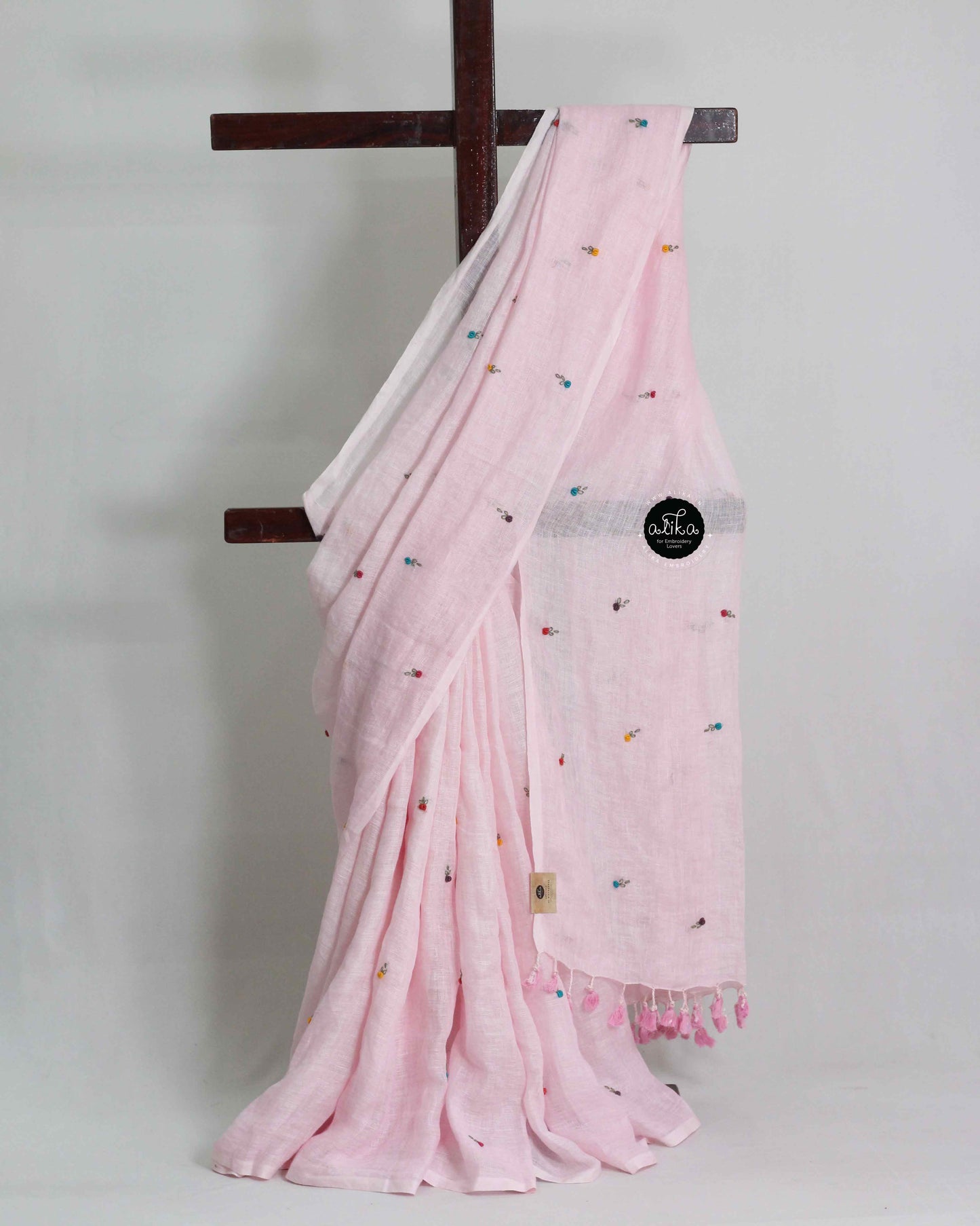 Pale Pink Linen Saree with Mini Bullion Embroidery