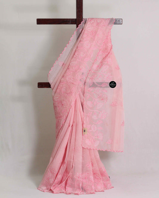 Light Pink Kota Saree with Floral Machine Embroidery