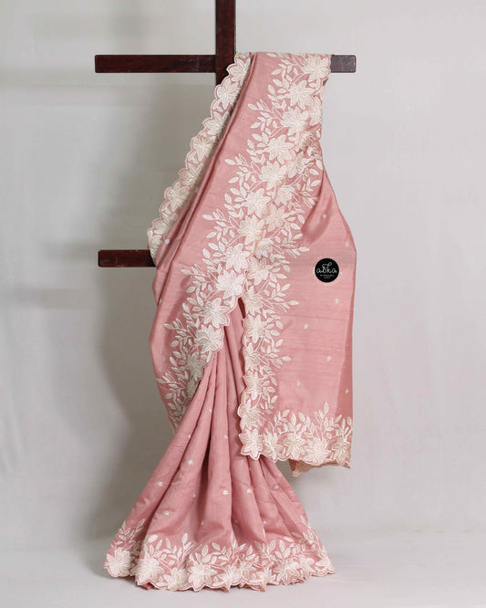 Peach Semi Silk Saree with Floral Embroidered Border