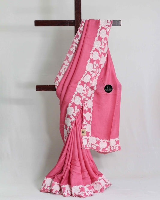 Rosy Pink Crispy Georgette Saree with Floral Applique Border