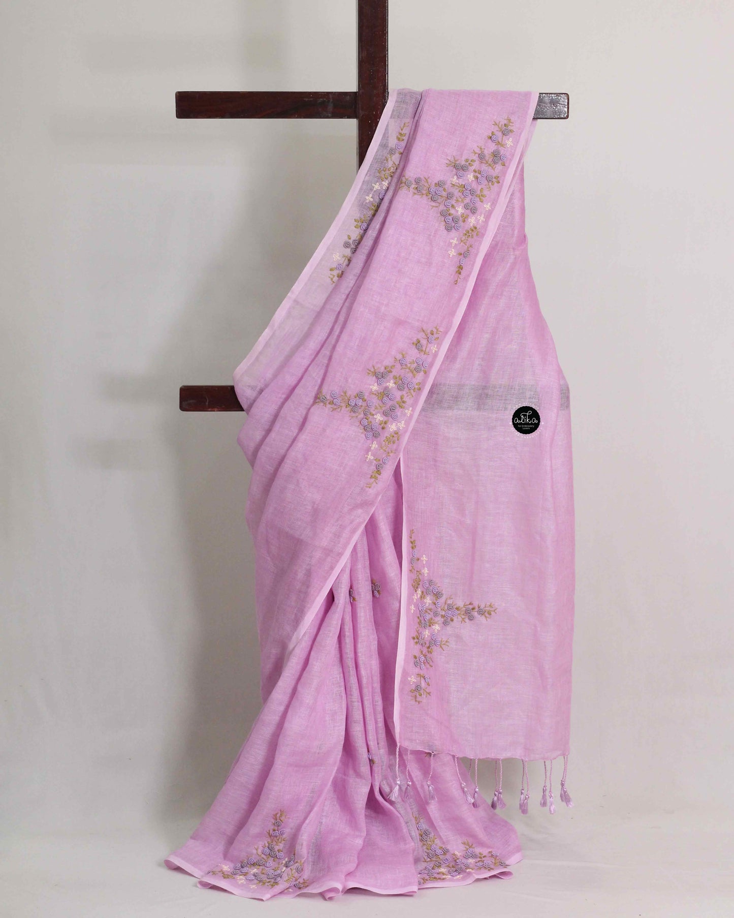 Lavender Pure Linen Saree with Floral Hand Embroidery
