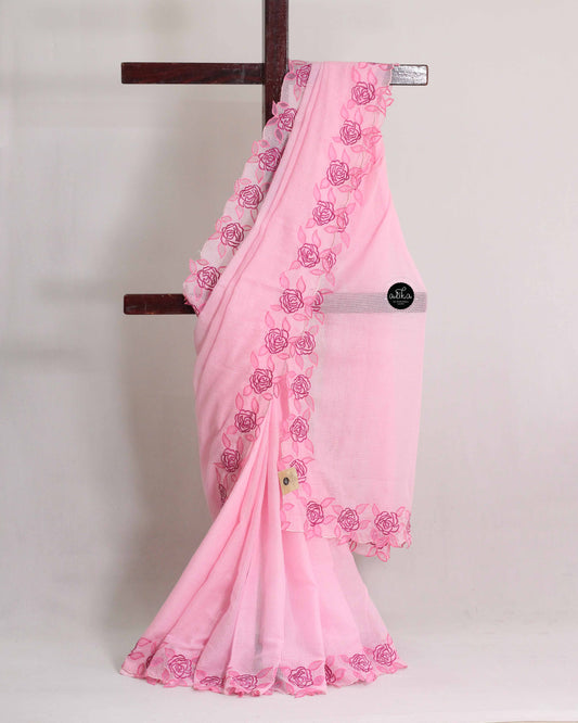 Baby Pink Cotton Kota Saree with Applique Border
