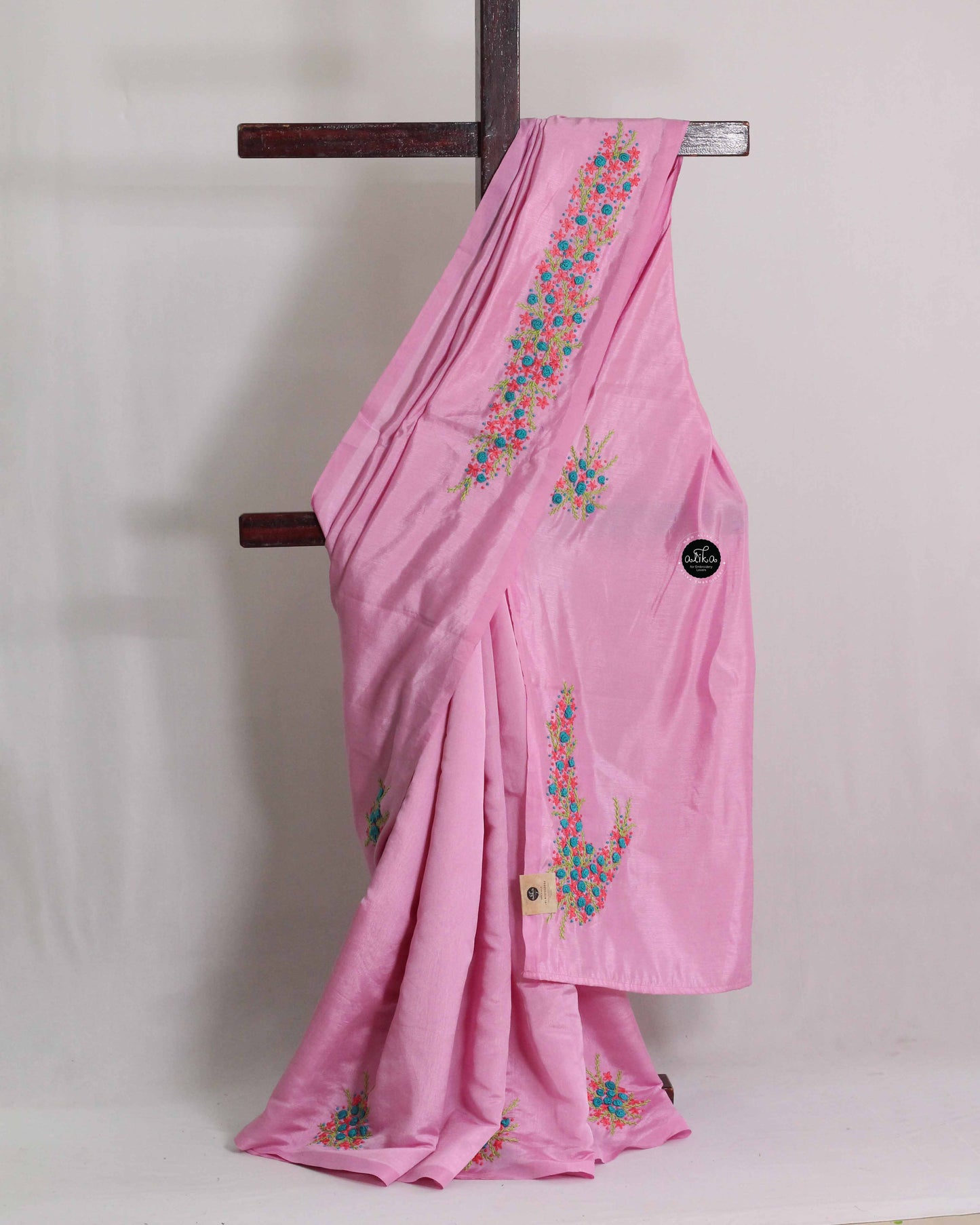 Orchid Pink Semi Silk Saree with Floral Hand Embroidery