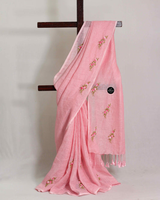 Light Pink Pure Linen Saree with Floral Hand Embroidery by Alika