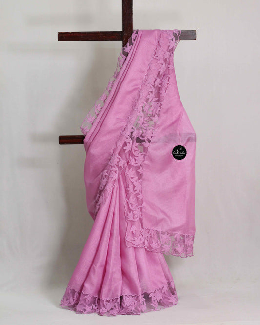 Tulip Pink Silky Kota Saree with Floral Net Applique Border
