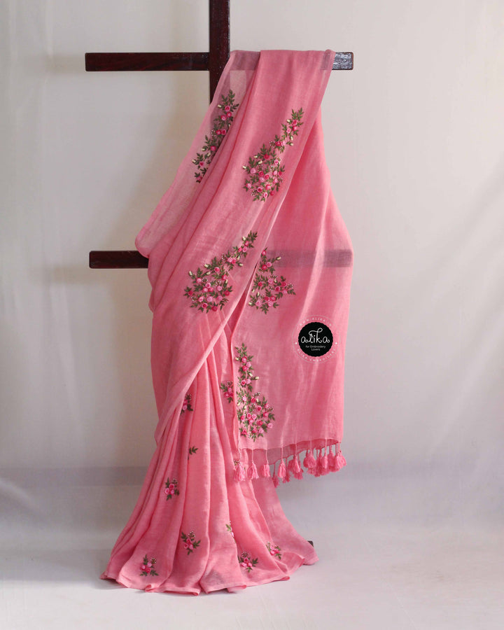 Tulip Pink Pure Linen Saree with Floral Hand Embroidery
