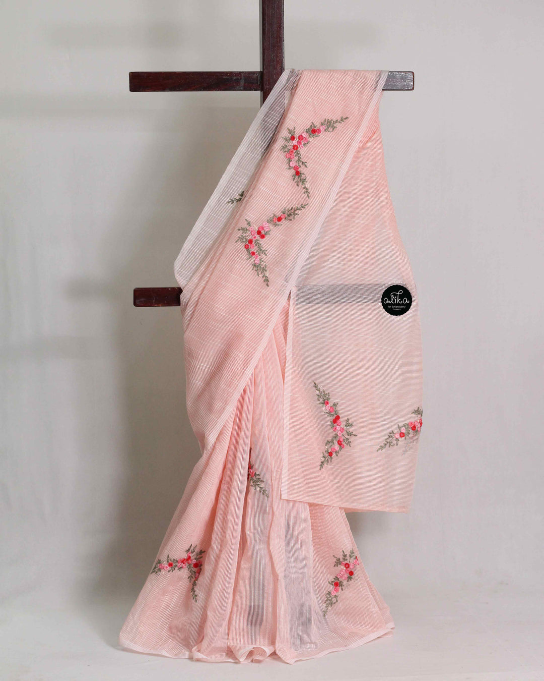 Light Peach Kota Silk Saree with Floral Hand Embroidery