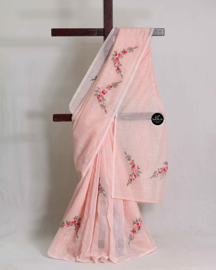 Light Peach Kota Silk Saree with Floral Hand Embroidery