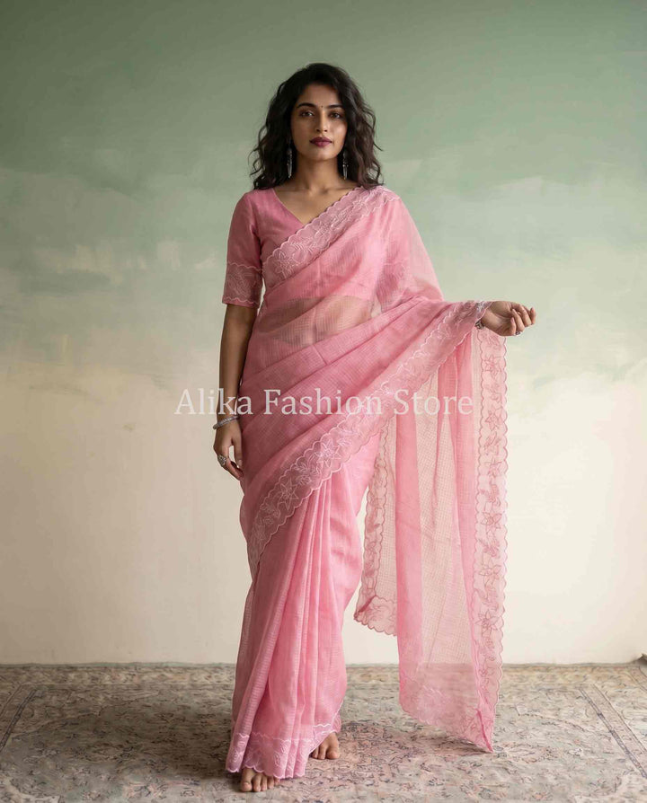 Salmon Pink Silky Kota Saree with Floral Appliqué Border