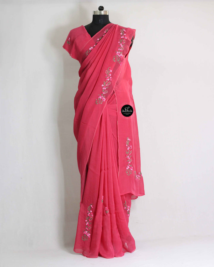 Rani Pink Organza Saree with Floral Hand Embroidery
