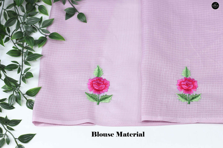 Lavender Silky Kota Saree with Floral Machine Embroidery