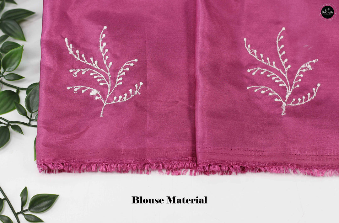Magenta Semi Silk Saree with Floral Machine Embroidery