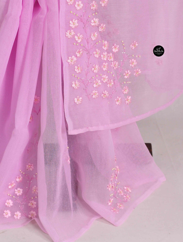 Lavender Rose Kota Saree with Floral Ribbon Work