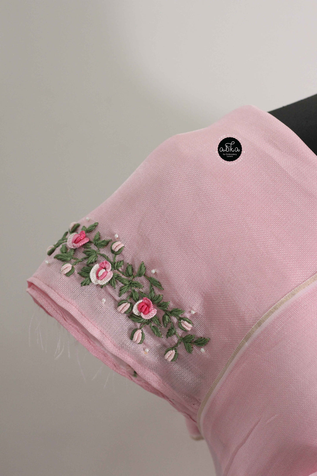 Light Pink Crispy Georgette Saree with Floral Hand Embroidery &amp; Bead Work