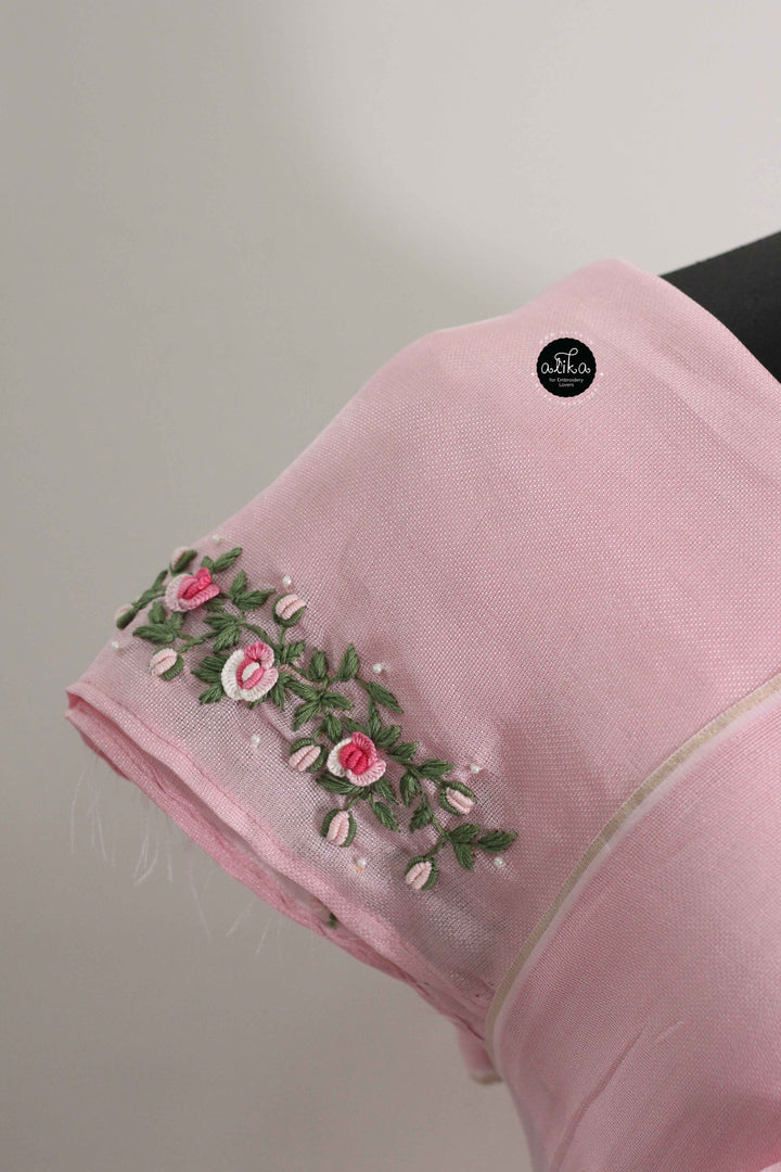 Light Pink Crispy Georgette Saree with Floral Hand Embroidery &amp; Bead Work