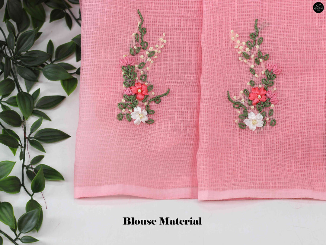 Peach Pink Cotton Kota Saree with Floral Ribbon Embroidery