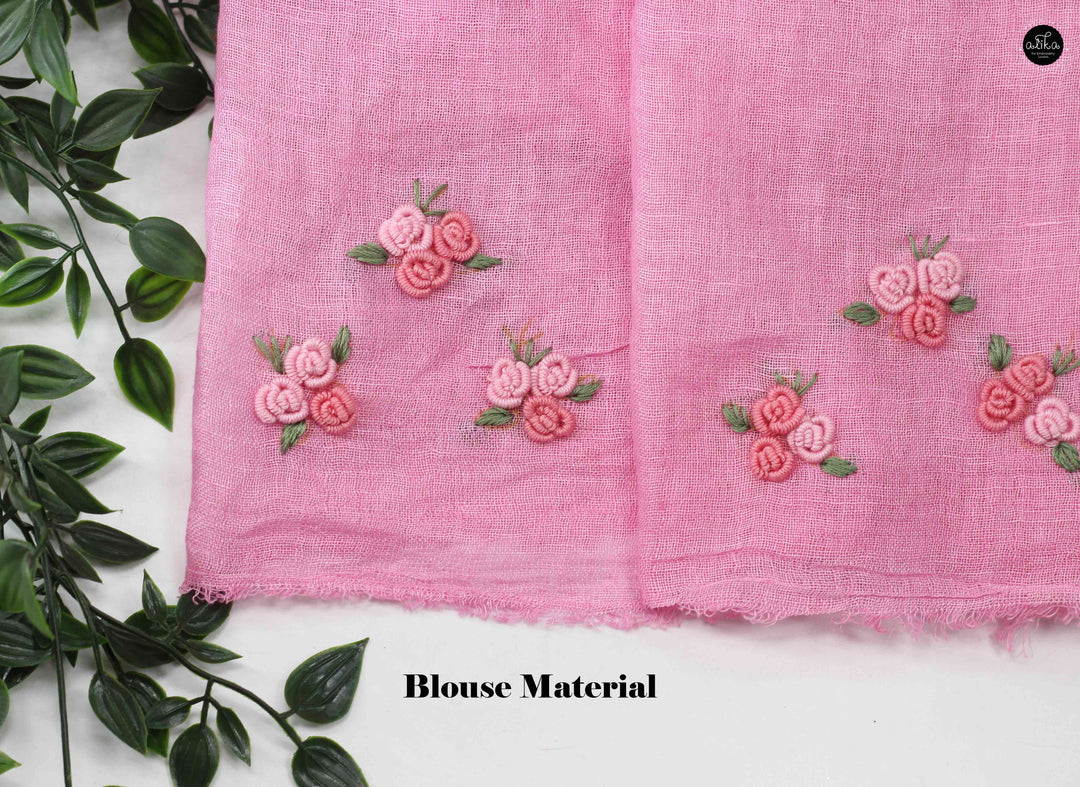 Pastel Pink Pure Linen Saree with Floral Hand Embroidery