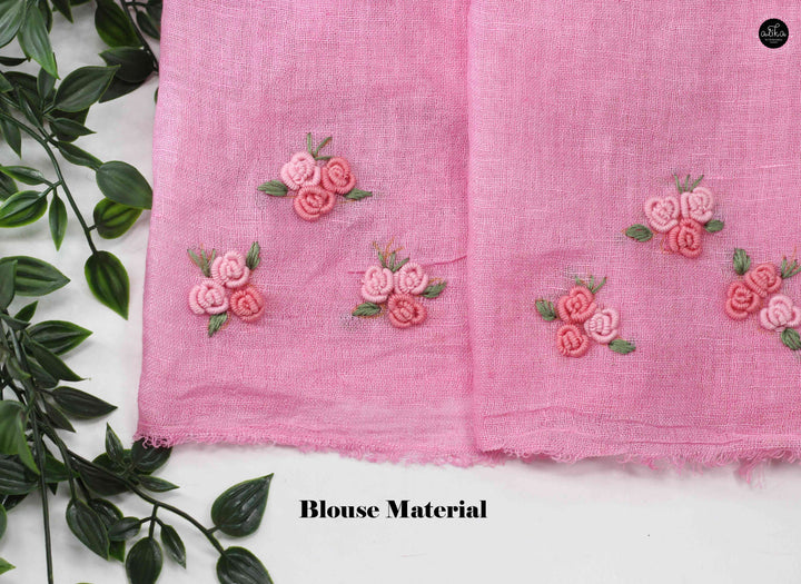 Pastel Pink Pure Linen Saree with Floral Hand Embroidery