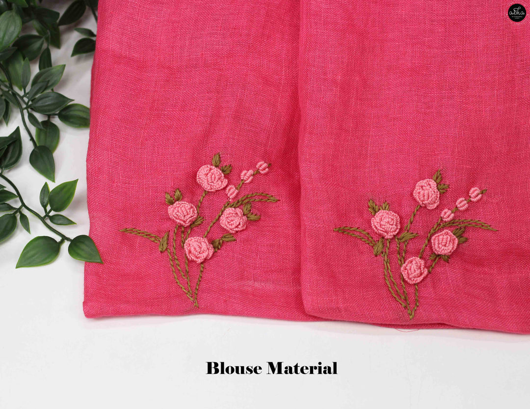 Warm Pink Pure Linen Saree with Floral Hand Embroidery