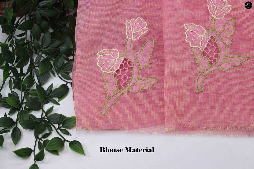 Peachish Pink Pure Tissue Saree with Floral Twine Cutwork