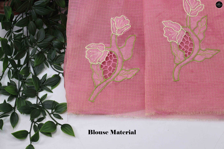 Peachish Pink Pure Tissue Saree with Floral Twine Cutwork
