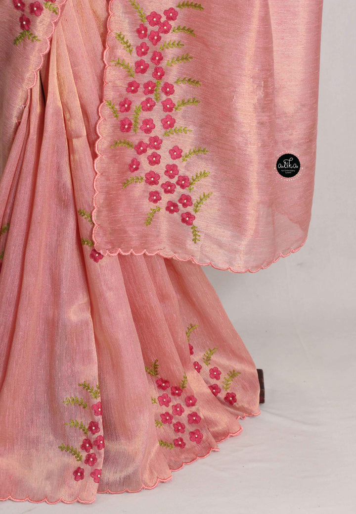 Peach Designer Silk Saree with Floral Hand Embroidery &amp; Bead Work